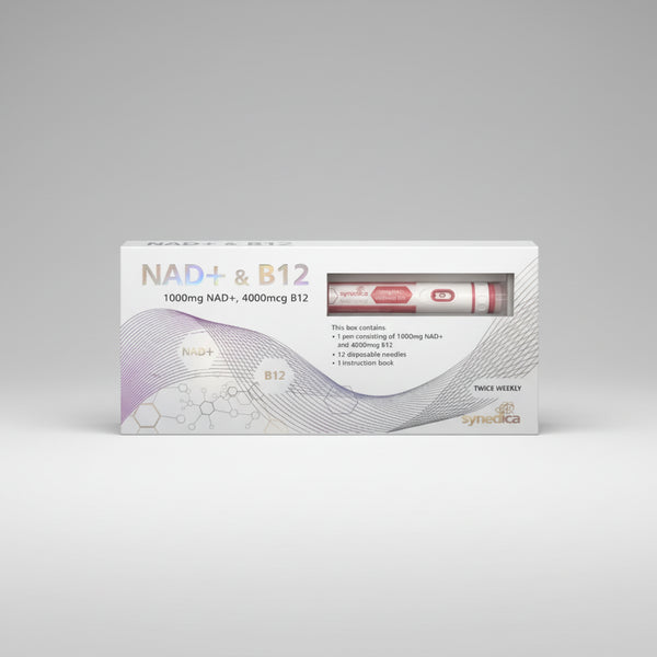 Box of Syneedica NAD+ & B12 supplement with pen and packaging details.