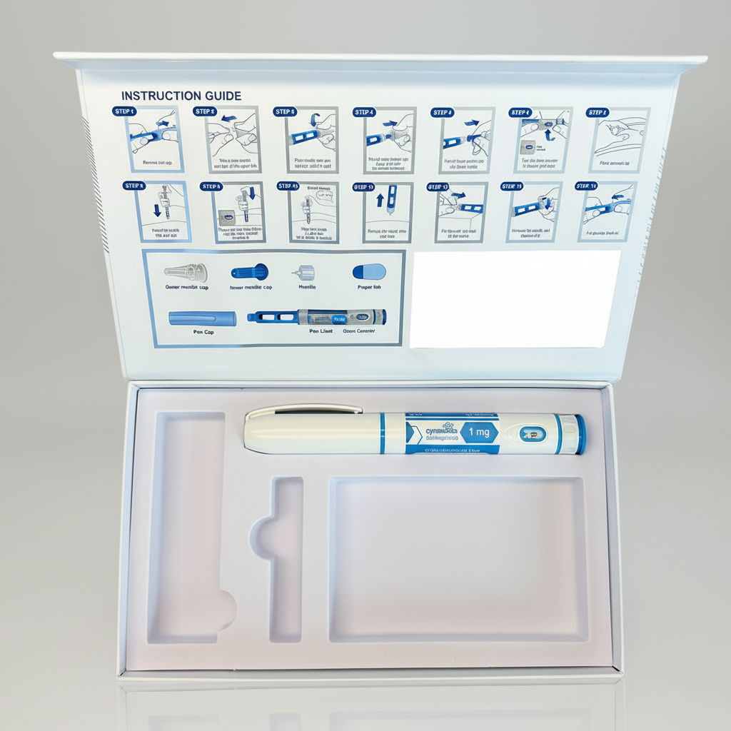 Medical kit with syringes, needles, and instructional guide on a white background