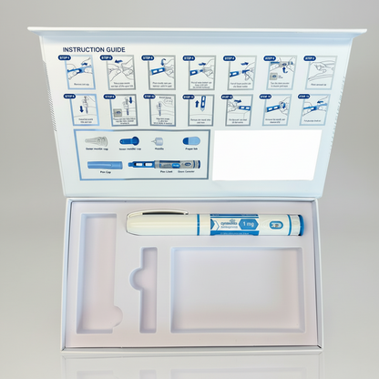 Medical kit with syringes, needles, and instructional guide on a white background
