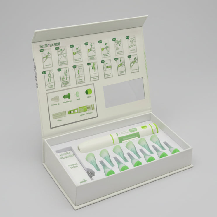 Medical retentive kit with various components and an instruction guide in a box.