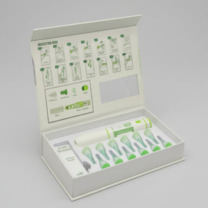 Medical retentive kit with various components and an instruction guide in a box.