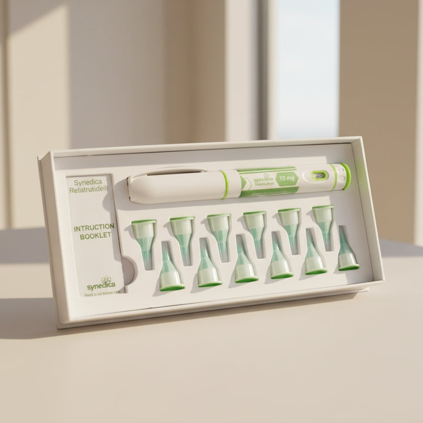 Medical device packaging with syringes and a booklet on a white background
