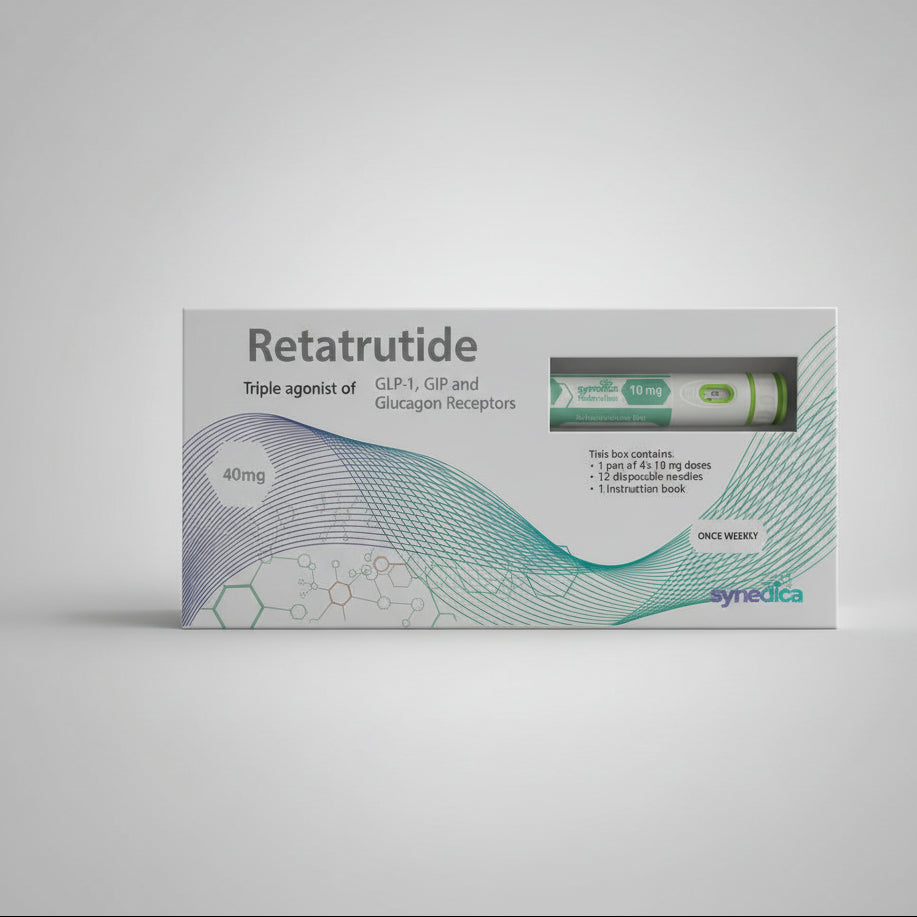 Retatrutide packaging with a white background