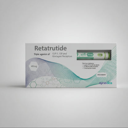 Retatrutide packaging with a white background